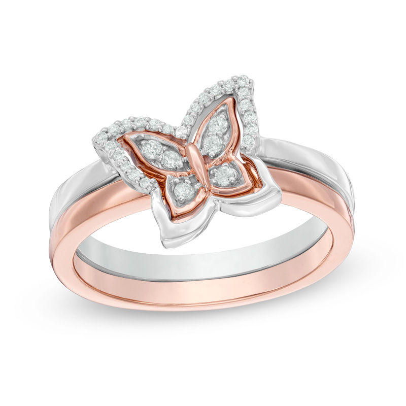 Convertibilities 1/6 CT. T.W. Diamond Butterfly Three-in-One Ring in Sterling Silver and 10K Rose Gold