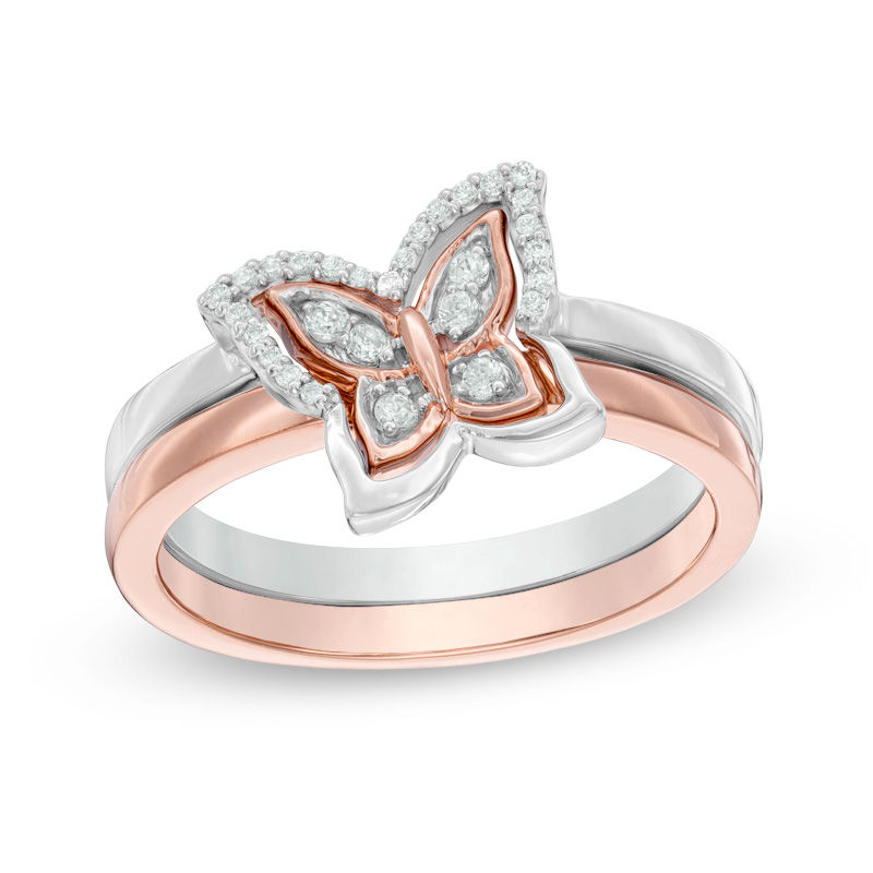 Main Image 1 of Convertibilities 1/6 CT. T.W. Diamond Butterfly Three-in-One Ring in Sterling Silver and 10K Rose Gold