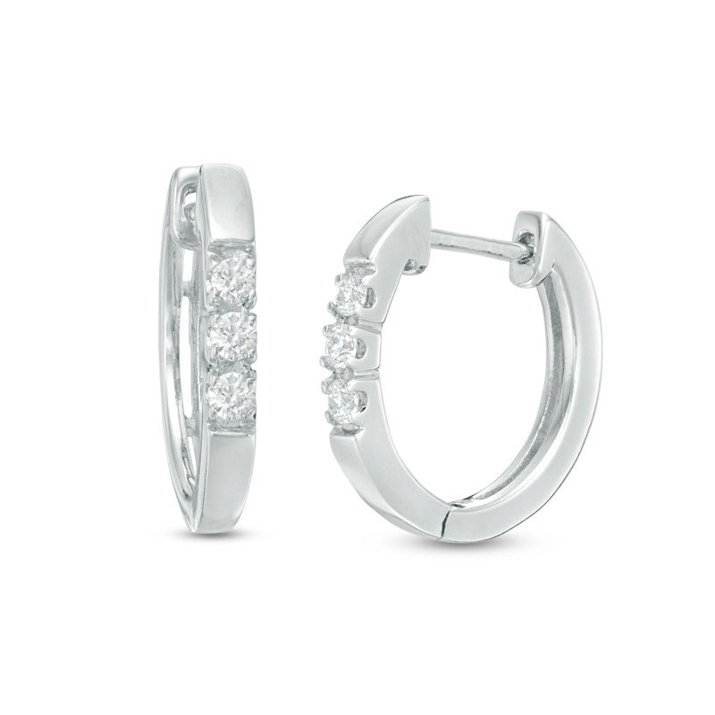 Main Image 1 of 1/8 CT. T.W. Diamond Three Stone Hoop Earrings in 10K White Gold