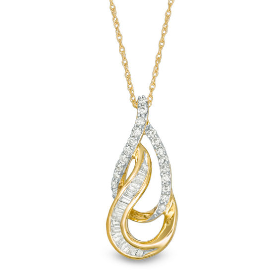 1/3 CT. T.w. Baguette and Round Diamond Double Teardrop Pendant in 10K Gold