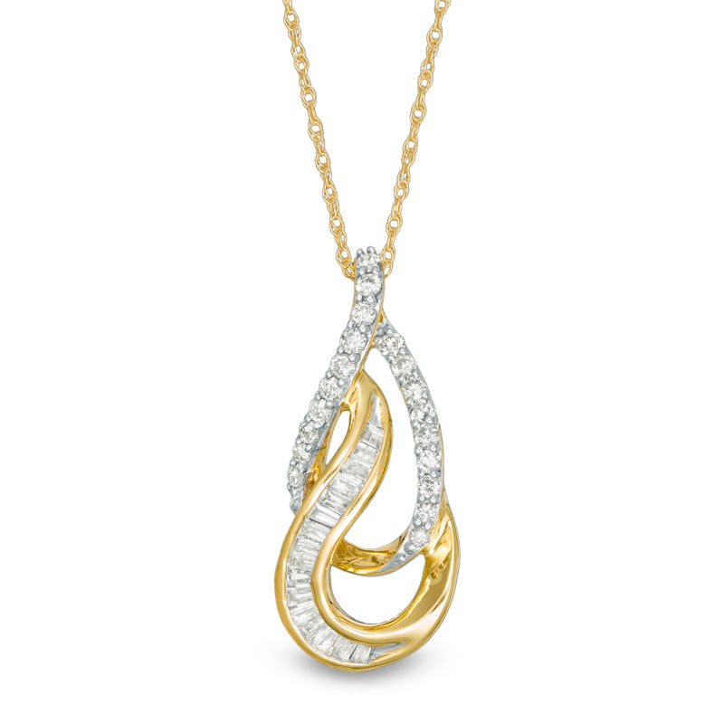 Main Image 1 of 1/3 CT. T.W. Baguette and Round Diamond Double Teardrop Pendant in 10K Gold