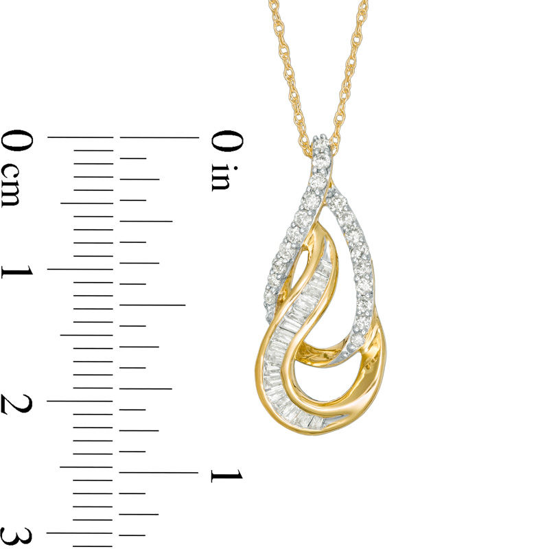 1/3 CT. T.W. Baguette and Round Diamond Double Teardrop Pendant in 10K Gold