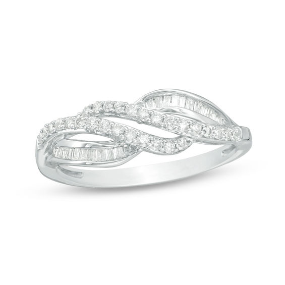 1/3 CT. T.w. Baguette and Round Diamond Crossover Ring in 10K White Gold