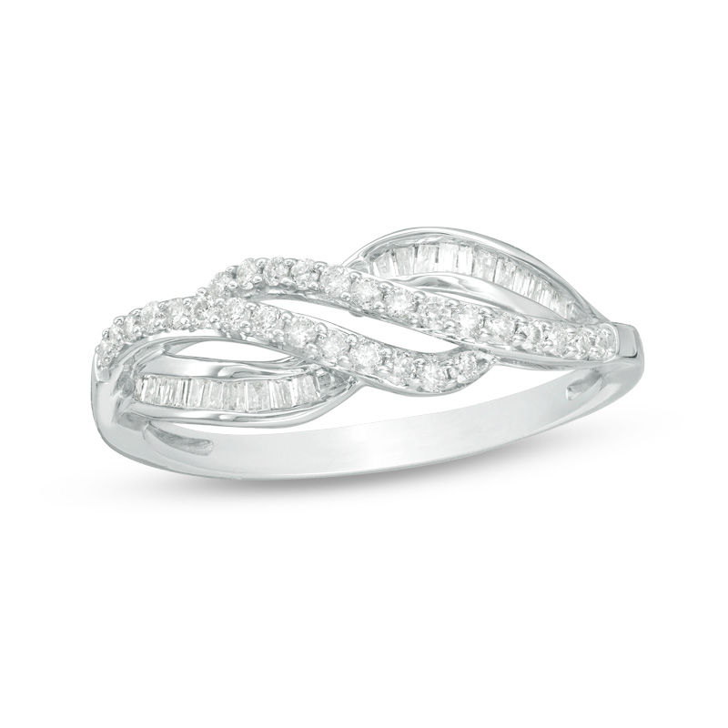 Main Image 1 of 1/3 CT. T.W. Baguette and Round Diamond Crossover Ring in 10K White Gold