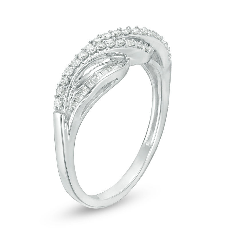 Main Image 2 of 1/3 CT. T.W. Baguette and Round Diamond Crossover Ring in 10K White Gold