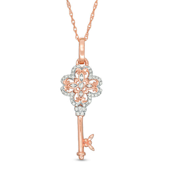 1/10 CT. T.w. Diamond Clover-Top Key Pendant in 10K Rose Gold