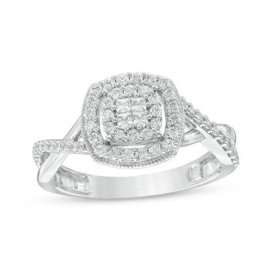 1/2 CT. T.w. Quad Princess-Cut Diamond Double Frame Twist Vintage-Style Ring in 10K White Gold