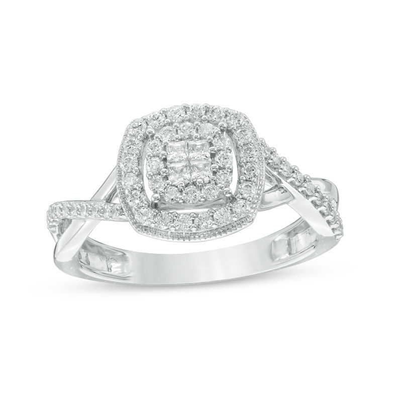 Main Image 1 of 1/2 CT. T.W. Quad Princess-Cut Diamond Double Frame Twist Vintage-Style Ring in 10K White Gold