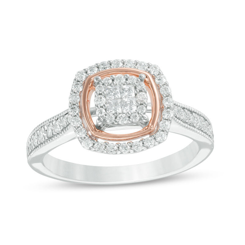 Main Image 1 of 1/2 CT. T.W. Quad Princess-Cut Diamond Double Frame Twist Vintage-Style Ring in 10K Two-Tone Gold