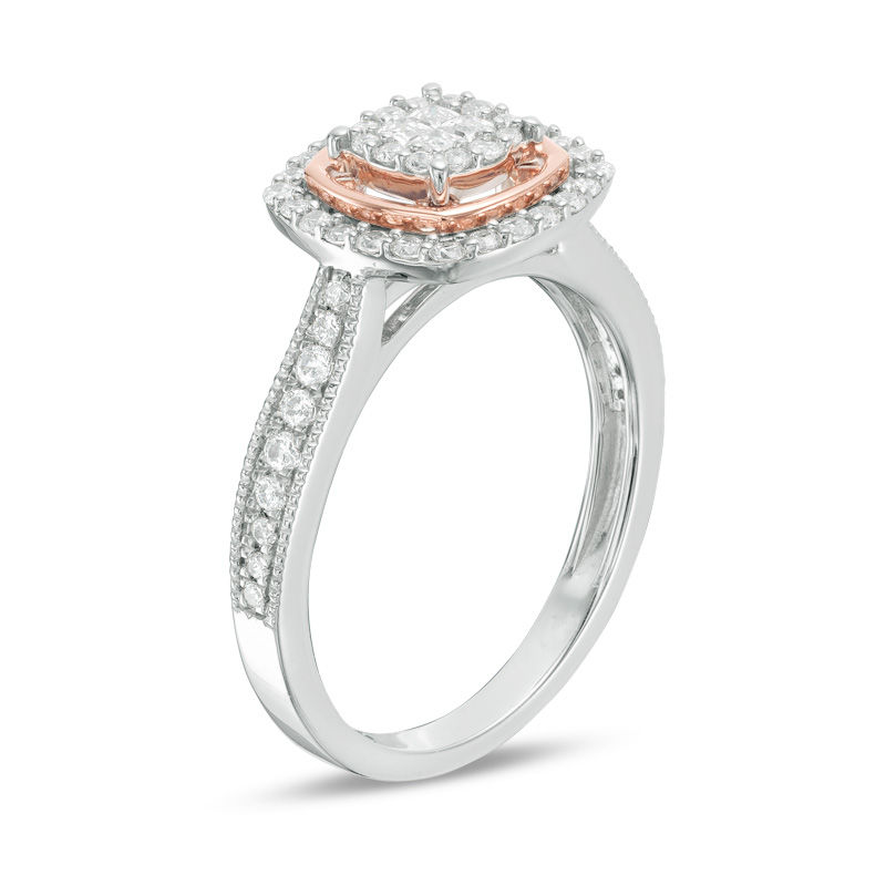 Main Image 2 of 1/2 CT. T.W. Quad Princess-Cut Diamond Double Frame Twist Vintage-Style Ring in 10K Two-Tone Gold
