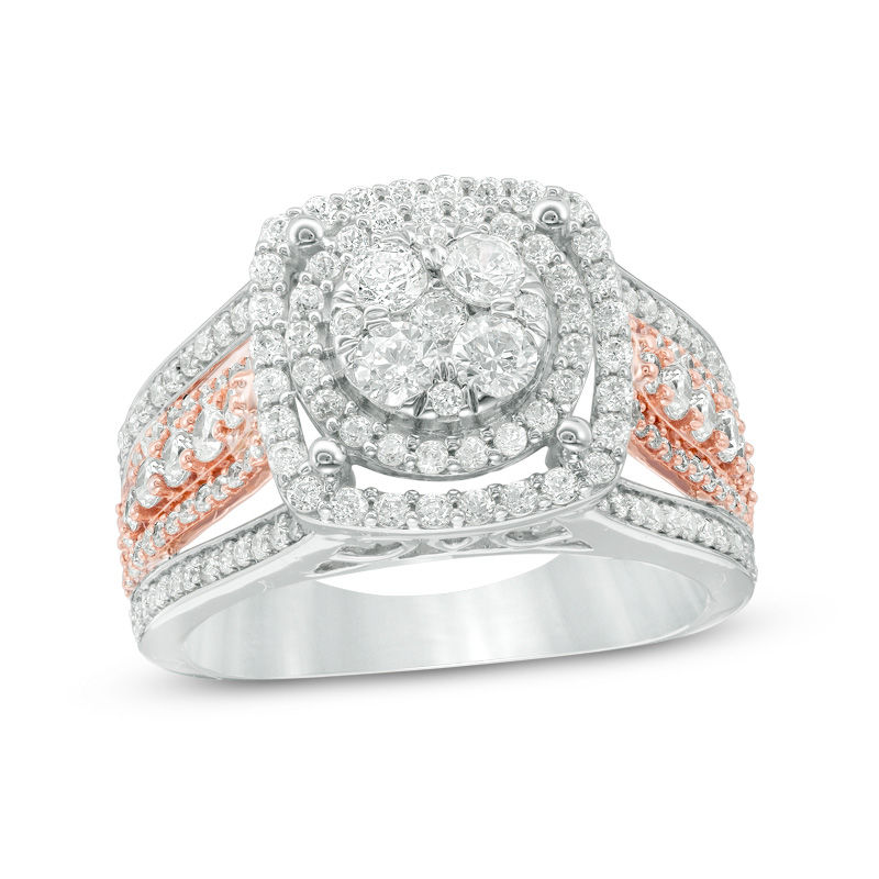 Main Image 1 of 1-1/2 CT. T.W. Composite Diamond Double Frame Multi-Row Ring in 10K Two-Tone Gold