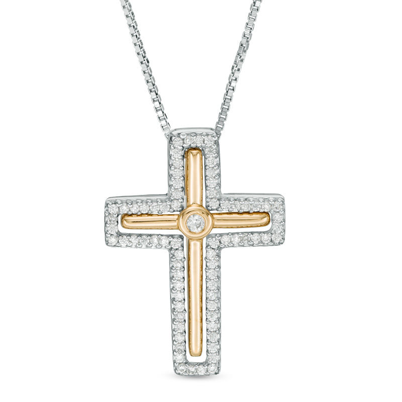 Main Image 1 of Convertibilities 1/8 CT. T.W. Diamond Cross Three-in-One Pendant in Sterling Silver and 10K Gold