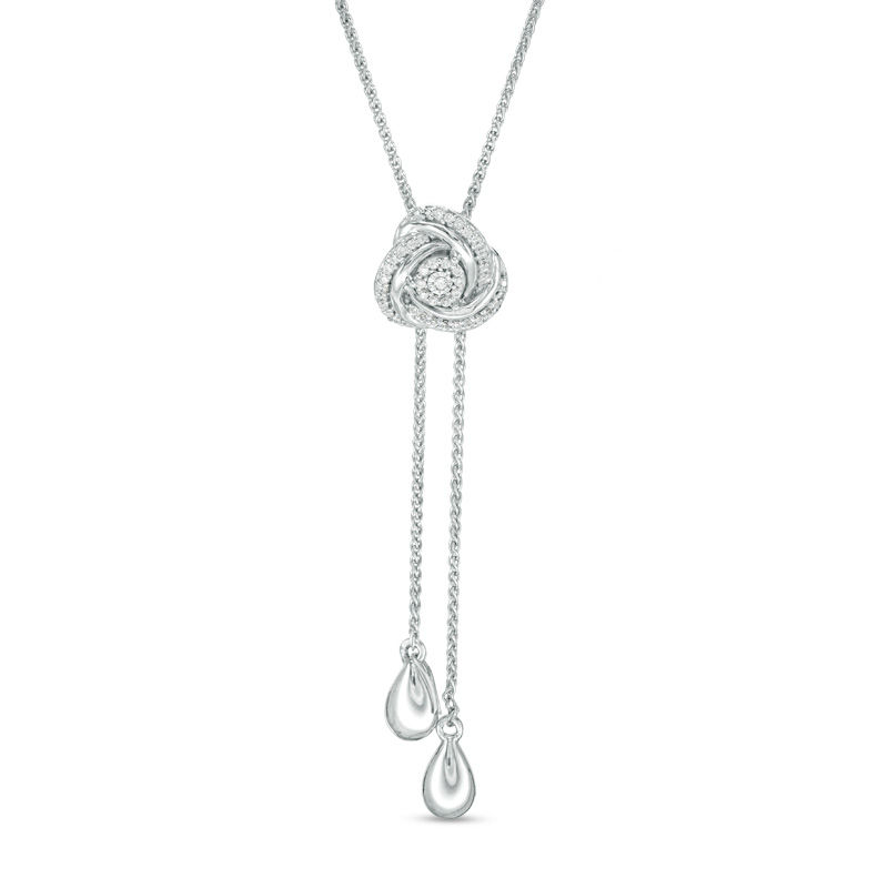 Main Image 1 of 1/8 CT. T.W. Diamond Love Knot Lariat Bolo Necklace in Sterling Silver - 26"