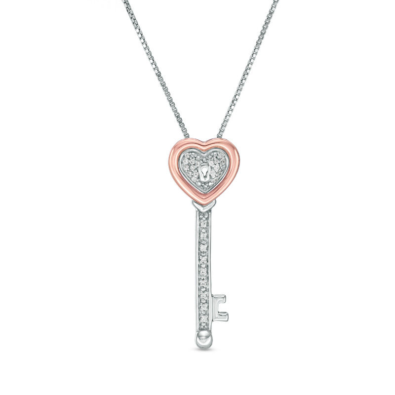 Main Image 1 of Convertibilities 1/20 CT. T.W. Diamond Heart-Top Key and Lock Three-in-One Pendant in Sterling Silver and 10K Rose Gold