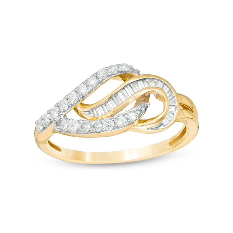 Main Image 1 of 1/3 CT. T.W. Baguette and Round Diamond Double Loop Ring in 10K Gold