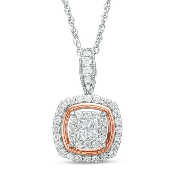 1/2 CT. T.w. Quad Princess-Cut Diamond Double Frame Vintage-Style Pendant in 10K Two-Tone Gold