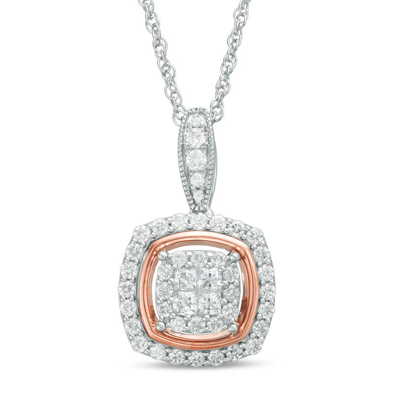 Main Image 1 of 1/2 CT. T.W. Quad Princess-Cut Diamond Double Frame Vintage-Style Pendant in 10K Two-Tone Gold