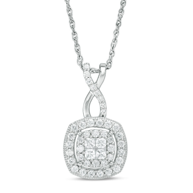 Main Image 1 of 1/2 CT. T.W. Quad Princess-Cut Diamond Double Frame Twist Vintage-Style Pendant in 10K White Gold