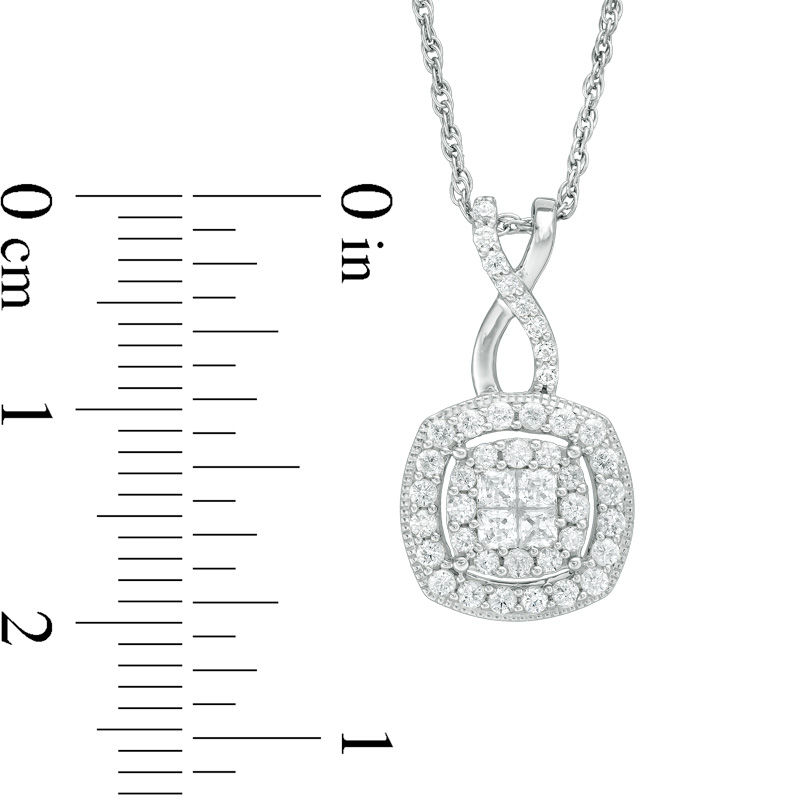 Main Image 2 of 1/2 CT. T.W. Quad Princess-Cut Diamond Double Frame Twist Vintage-Style Pendant in 10K White Gold