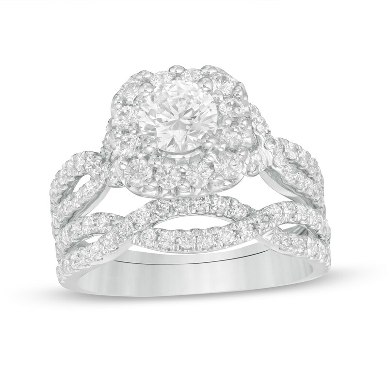 Main Image 1 of Love's Destiny by Zales 2 CT. T.W. Certified Diamond Cushion Frame Twist Shank Bridal Set in 14K White Gold (I/SI2)