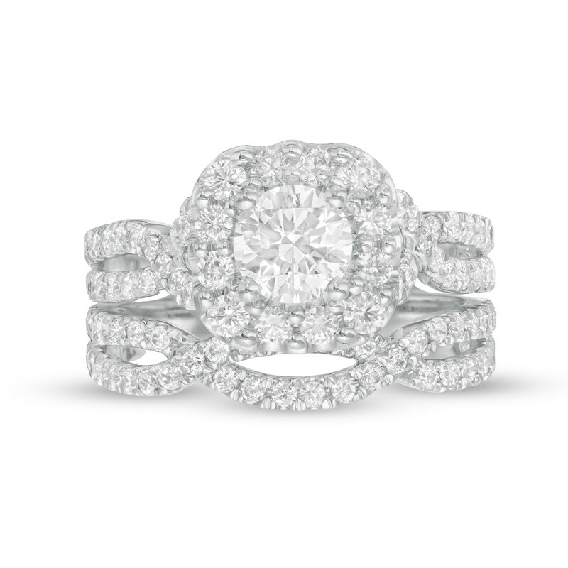 Main Image 4 of Love's Destiny by Zales 2 CT. T.W. Certified Diamond Cushion Frame Twist Shank Bridal Set in 14K White Gold (I/SI2)