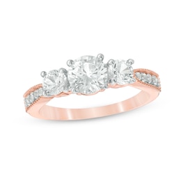 Lab-Created White Sapphire Three Stone Engagement Ring in 10K Rose Gold