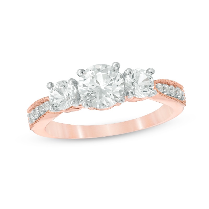 Main Image 1 of Lab-Created White Sapphire Three Stone Engagement Ring in 10K Rose Gold