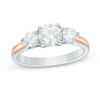 Thumbnail Image 0 of Lab-Created White Sapphire Three Stone Ring in Sterling Silver and 10K Rose Gold