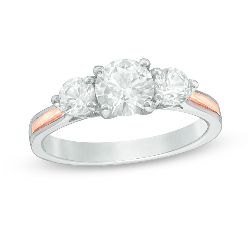Lab-Created White Sapphire Three Stone Ring in Sterling Silver and 10K Rose Gold