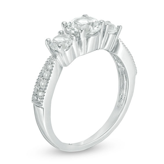 Lab-Created White Sapphire Three Stone Engagement Ring in 10K White Gold