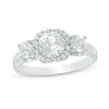 Lab-Created White Sapphire Three Stone Flower Frame Engagement Ring in 10K White Gold