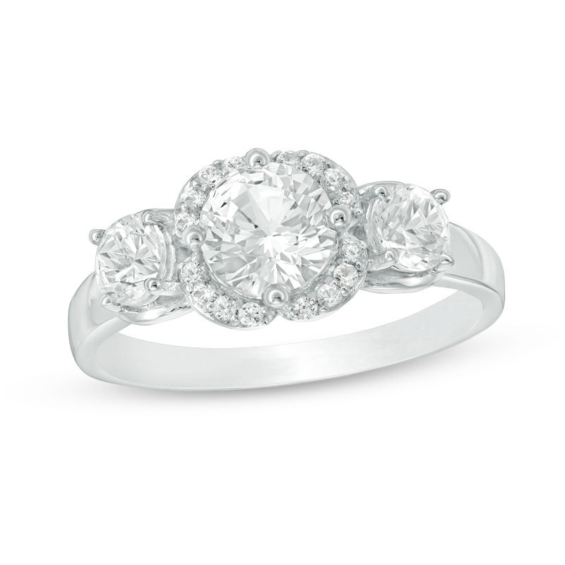 Main Image 1 of Lab-Created White Sapphire Three Stone Flower Frame Engagement Ring in 10K White Gold