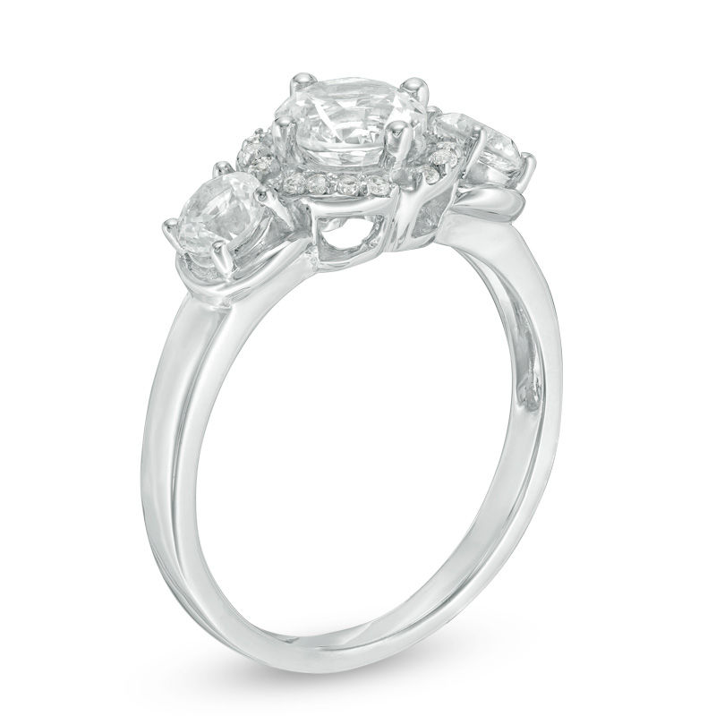 Main Image 2 of Lab-Created White Sapphire Three Stone Flower Frame Engagement Ring in 10K White Gold