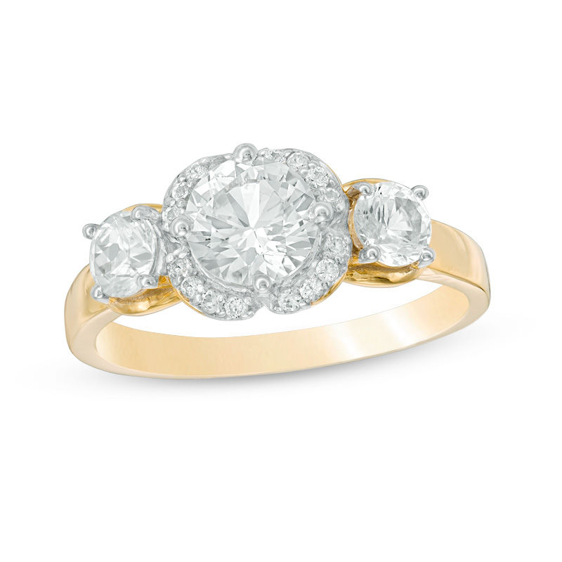 Main Image 1 of Lab-Created White Sapphire Three Stone Flower Frame Engagement Ring in 10K Gold