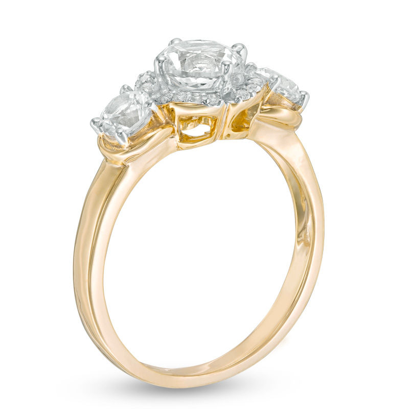 Main Image 2 of Lab-Created White Sapphire Three Stone Flower Frame Engagement Ring in 10K Gold