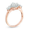 Lab-Created White Sapphire Three Stone Flower Frame Engagement Ring in 10K Rose Gold
