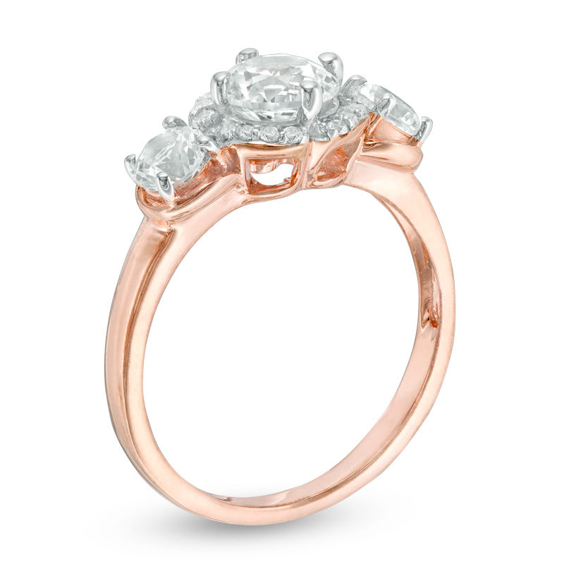 Lab-Created White Sapphire Three Stone Flower Frame Engagement Ring in 10K Rose Gold