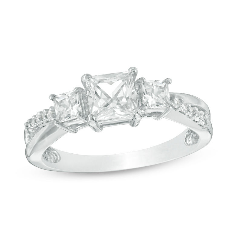 Main Image 1 of Princess-Cut Lab-Created White Sapphire Three Stone Split Shank Ring in 10K White Gold