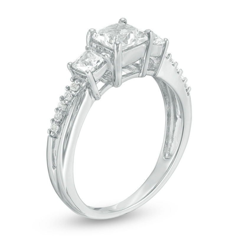 Main Image 2 of Princess-Cut Lab-Created White Sapphire Three Stone Split Shank Ring in 10K White Gold