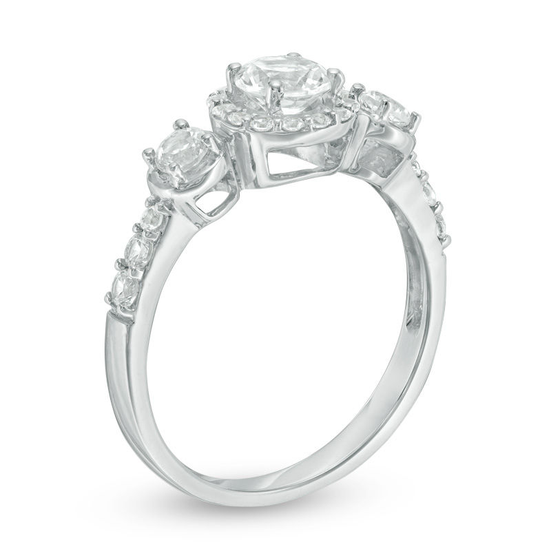Lab-Created White Sapphire Three Stone Frame Engagement Ring in Sterling Silver