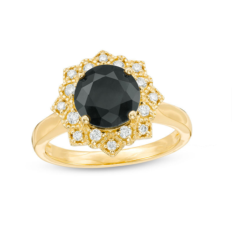 Main Image 1 of 8.0mm Black Sapphire and 1/4 CT. T.W. Diamond Sunburst Frame Vintage-Style Ring in 10K Gold