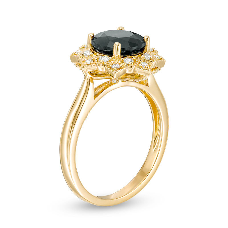 Main Image 2 of 8.0mm Black Sapphire and 1/4 CT. T.W. Diamond Sunburst Frame Vintage-Style Ring in 10K Gold