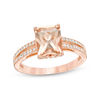 Thumbnail Image 1 of Emerald-Cut Morganite and 1/4 CT. T.W. Diamond Double Row Ring in 14K Rose Gold