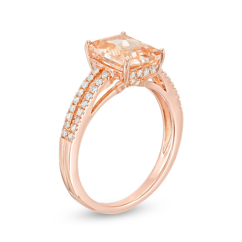 Emerald-Cut Morganite and 1/4 CT. T.W. Diamond Double Row Ring in 14K Rose Gold