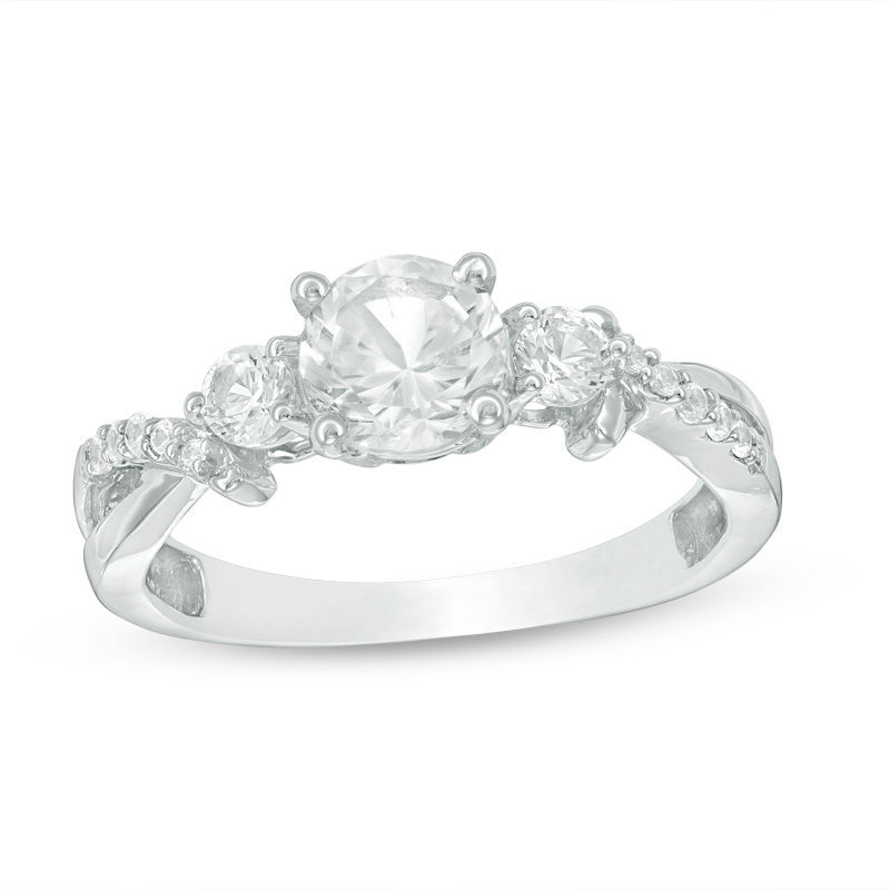 Lab-Created White Sapphire Three Stone Twist Ring in Sterling Silver