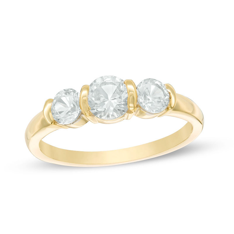 Main Image 1 of Lab-Created White Sapphire Three Stone Collar Engagement Ring in Sterling Silver with 14K Gold Plate