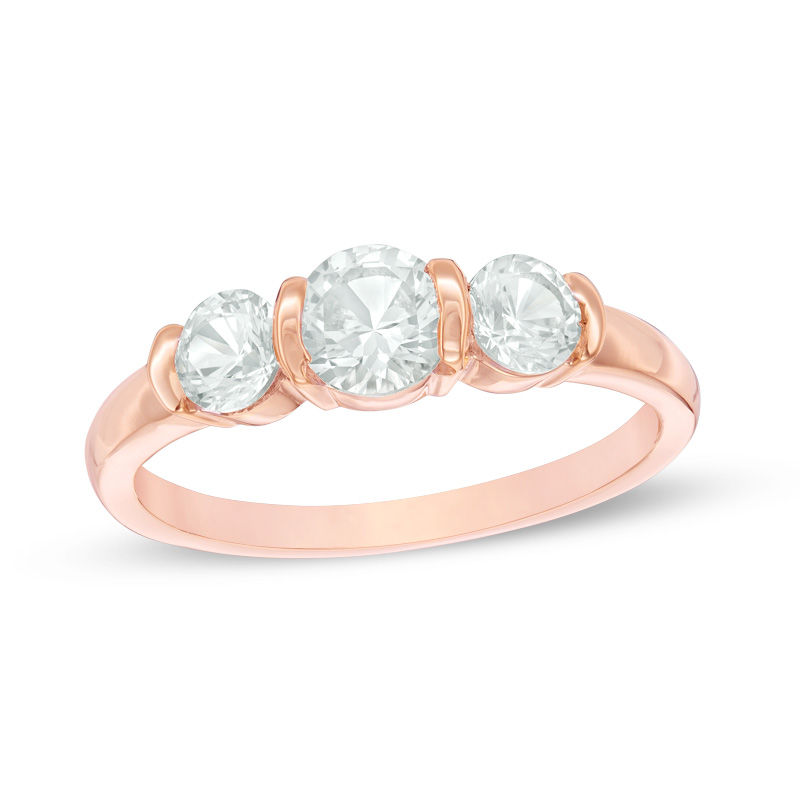 Main Image 1 of Lab-Created White Sapphire Three Stone Collar Engagement Ring in Sterling Silver with 14K Rose Gold Plate