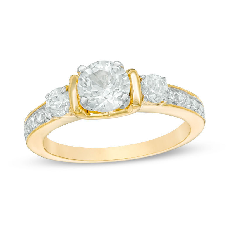 Main Image 1 of Lab-Created White Sapphire Three Stone Collar Engagement Ring in Sterling Silver with 14K Gold Plate