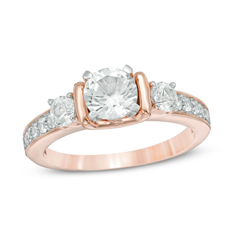 Main Image 1 of Lab-Created White Sapphire Three Stone Collar Engagement Ring in Sterling Silver with 14K Rose Gold Plate