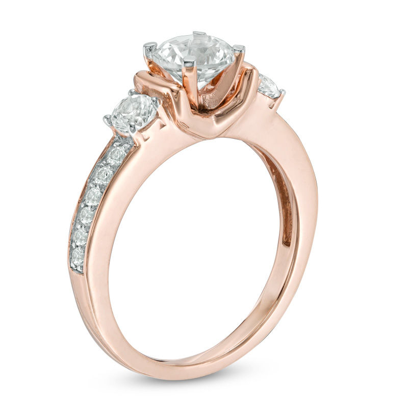 Main Image 2 of Lab-Created White Sapphire Three Stone Collar Engagement Ring in Sterling Silver with 14K Rose Gold Plate